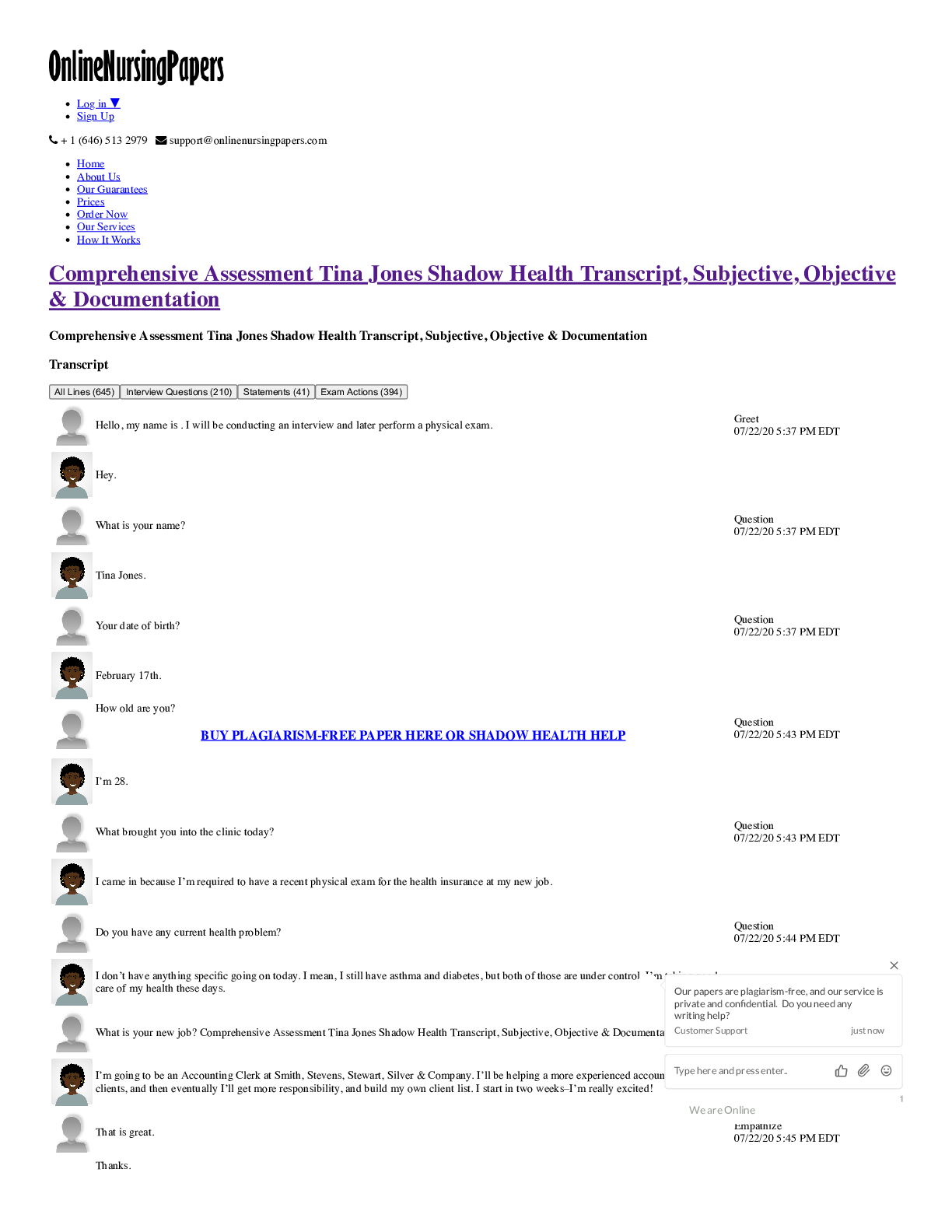 Preview image for Comprehensive Assessment Tina Jones Shadow Health Transcript Subjective Objective Documentation LATEST FOR 2022